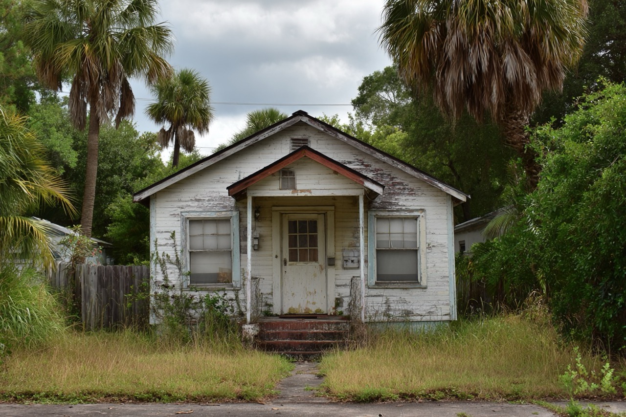 Condemned house exterior in Tampa Florida showing visible deterioration