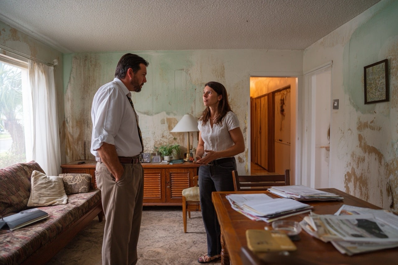 Real estate agent consulting Tampa Florida homeowner about storm damaged property sale