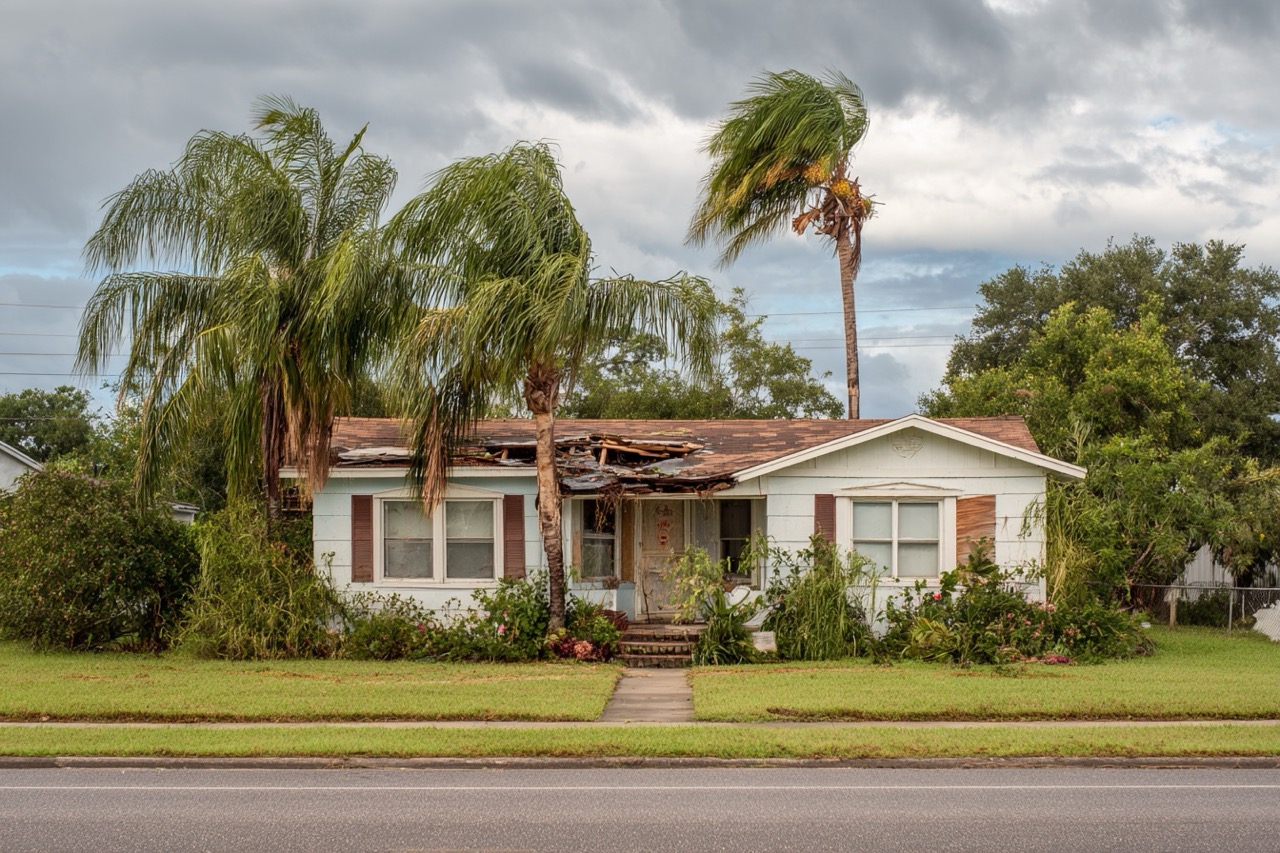 Storm damaged residential home in Tampa Florida neighborhood after hurricane